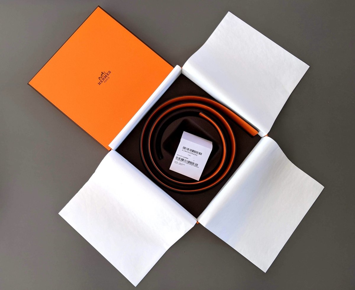 Hermes [155] Noir/Orange Veau Swift/Epsom Reversible Leather Strap Belt 32 mm, BNIB! - poupishop