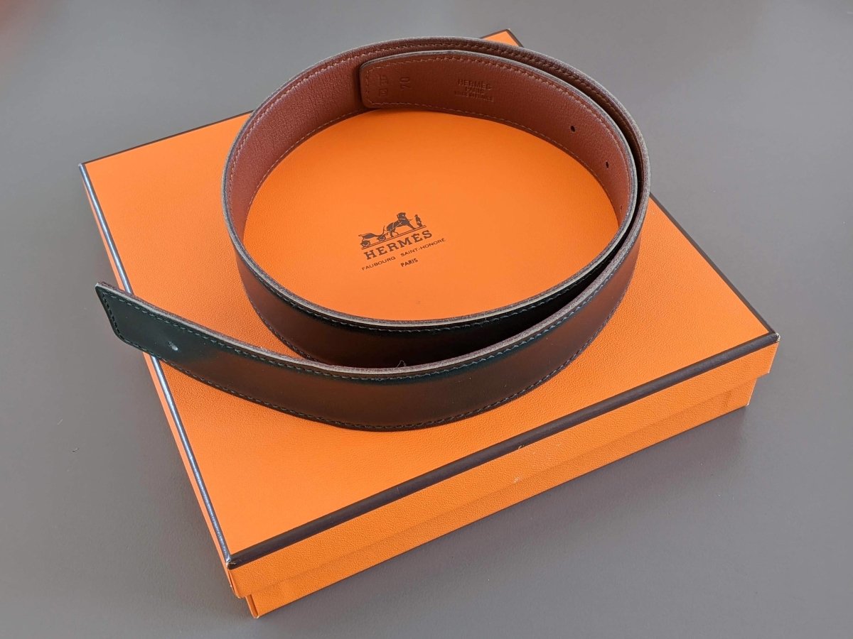 Hermes [160] 2000 Vert Foncé/Noisette Veau Box/Veau Gulliver Reversible Leather Strap Belt 32 mm, BNIB! - poupishop