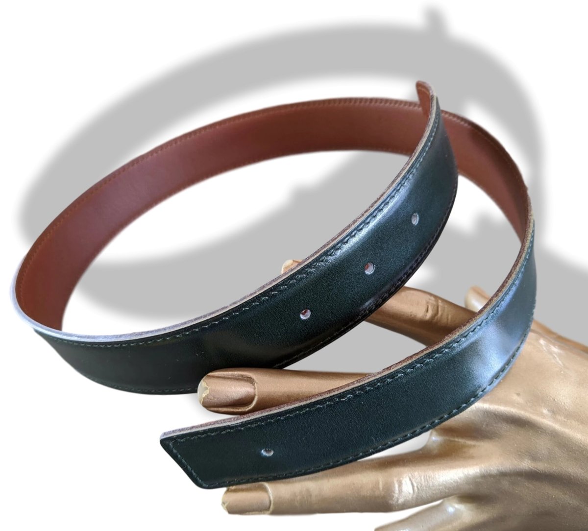 Hermes [160] 2000 Vert Foncé/Noisette Veau Box/Veau Gulliver Reversible Leather Strap Belt 32 mm, BNIB! - poupishop