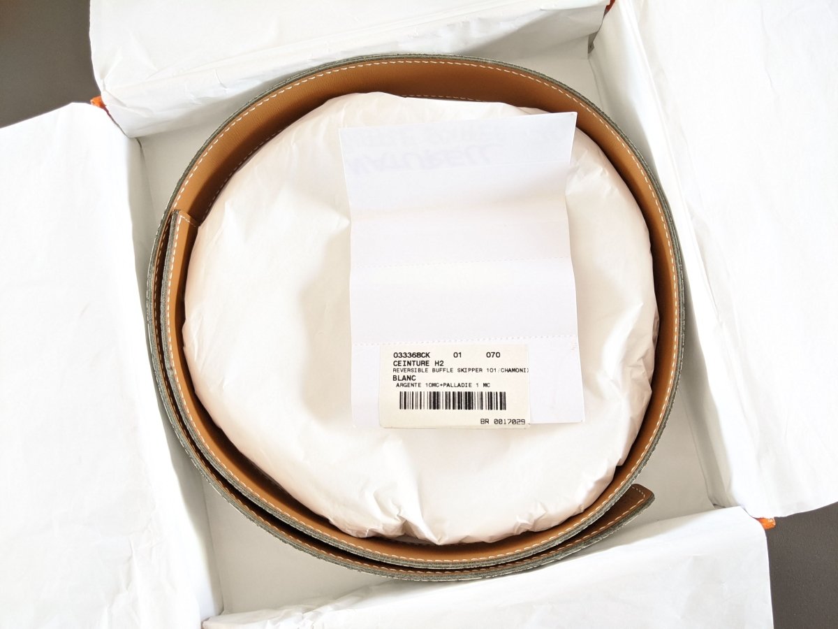 Hermes [161] 2000 Blanc/Naturel Buffle Skipper 101/Chamonix Reversible Leather Strap Belt 32 mm Sz70, BNIB! - poupishop