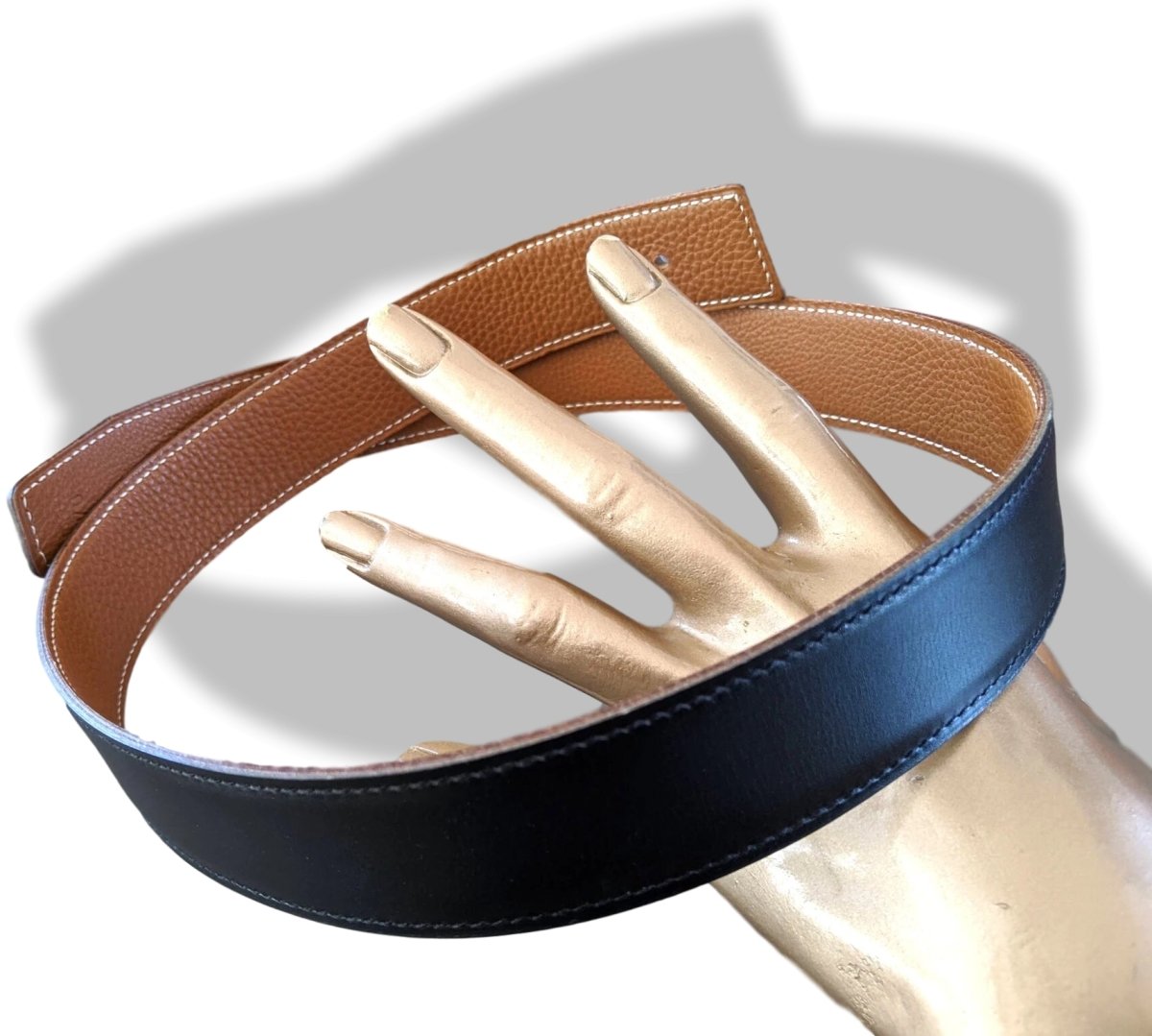 Hermes [162] 2000s Noir/Gold Veau Box/Togo Reversible Leather Strap Belt 32 mm, BNIB! - poupishop