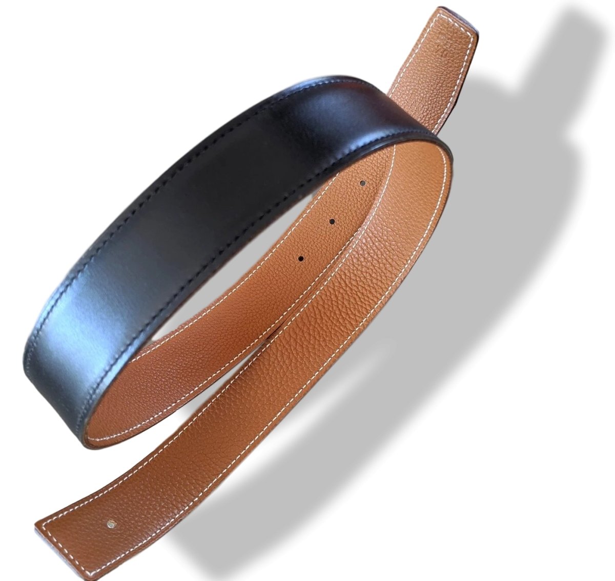 Hermes [162] 2000s Noir/Gold Veau Box/Togo Reversible Leather Strap Belt 32 mm, BNIB! - poupishop