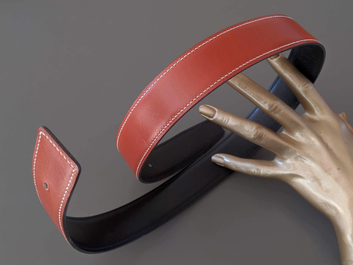 Hermes [164] 1997 Brun-Rouge/Noir Reversible Box/Box Leather Strap Belt 32 mm, Box! - poupishop