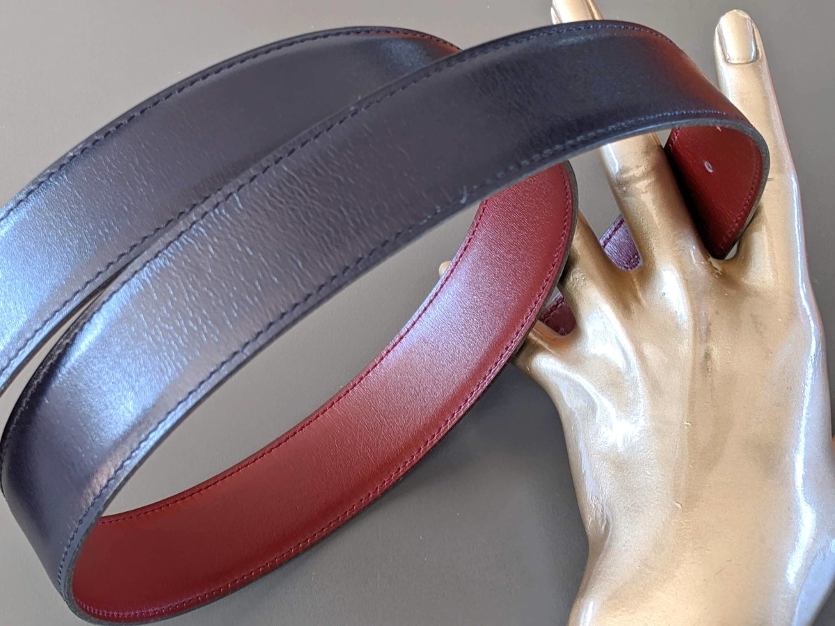 Hermes [166] 2001 Rouge H/Bleu Foncé Reversible Box/Box Leather Strap Belt  32 mm NIB!