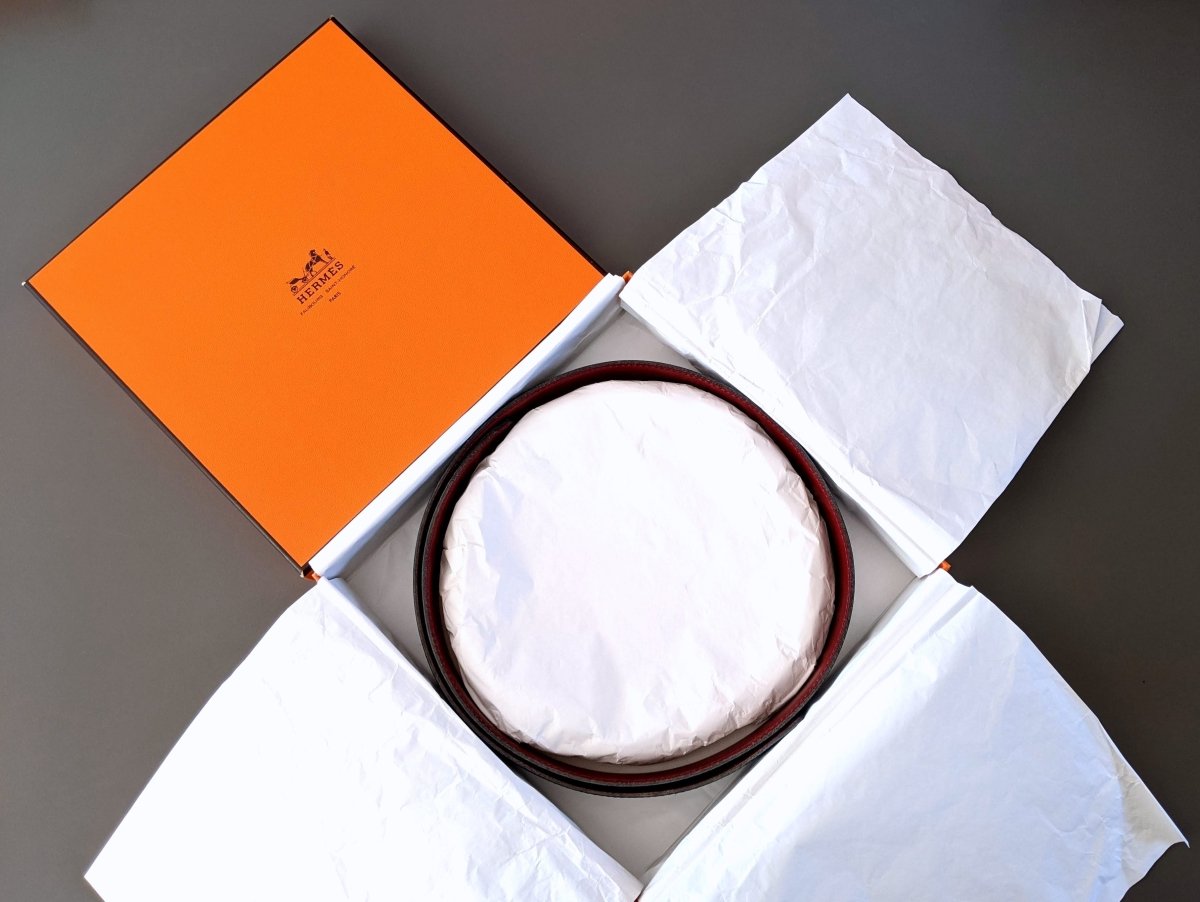 Hermes [166] 2001 Rouge H/Bleu Foncé Reversible Box/Box Leather Strap Belt 32 mm, NIB! - poupishop