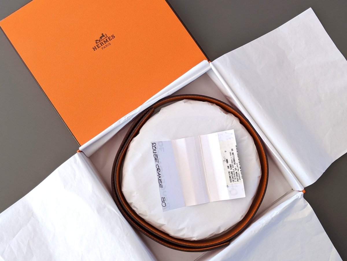 Hermes [167] 2004 Rouge Vermillon/Potiron Reversible Box/Togo Leather Strap Belt 32 mm, NIB! - poupishop