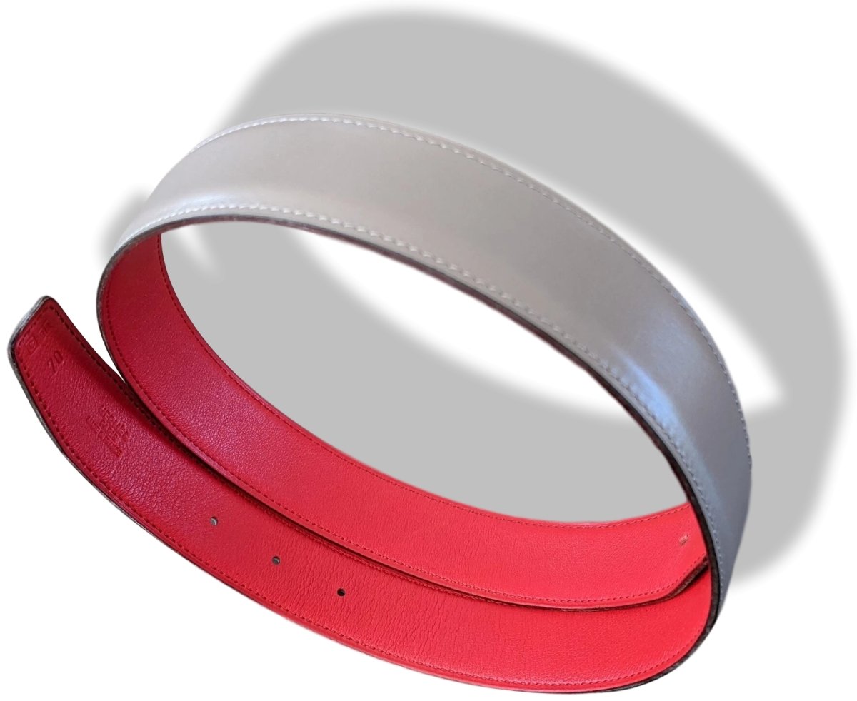 Hermes [168] 1999 Rouge-Rose Vif/Grey Reversible Box/Gulliver Leather Strap Belt 32 mm, NIB! - poupishop