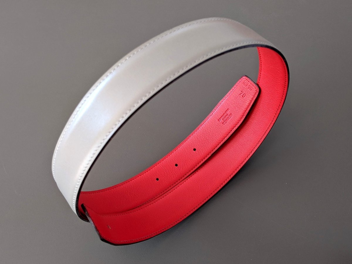 Hermes [168] 1999 Rouge-Rose Vif/Grey Reversible Box/Gulliver Leather Strap Belt 32 mm, NIB! - poupishop