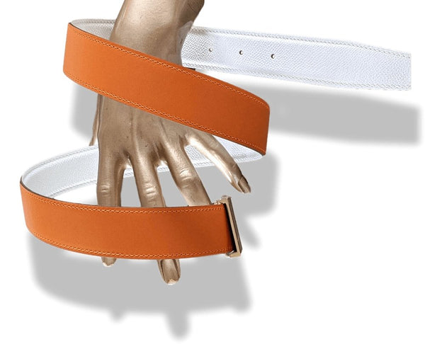 Hermes [17] 2006 Orange Swift/White Epsom Reversible Leather Strap Belt 32 MM Sz85, NIB! - poupishop