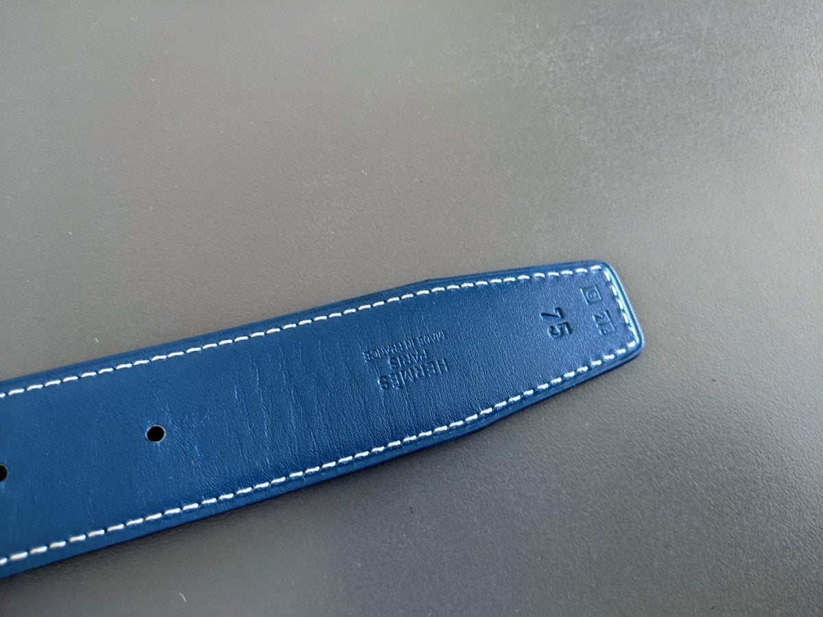 Hermes [173] 2003 Bleu/Noir Reversible Box/Gulliver Leather Strap Belt 32 mm, Box! - poupishop