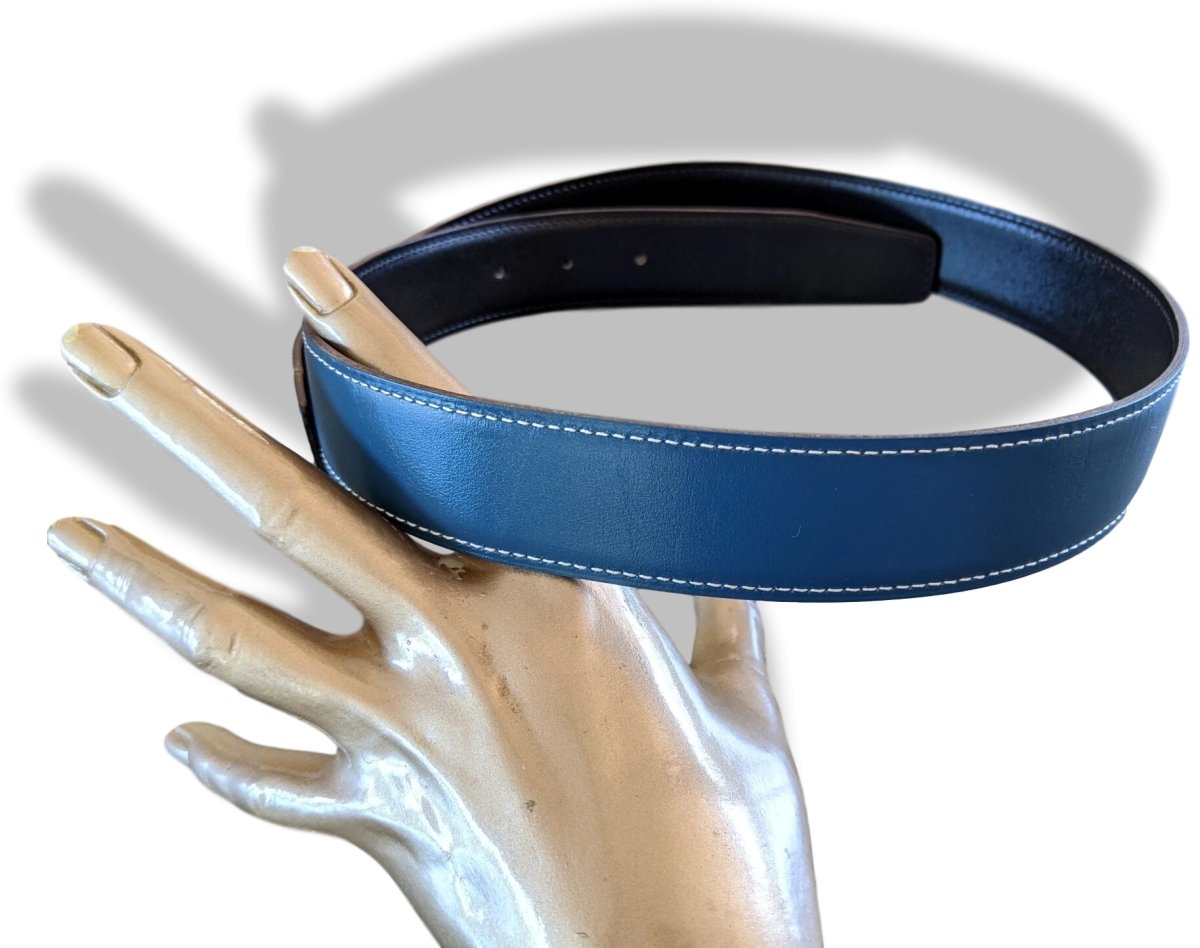 Hermes [173] 2003 Bleu/Noir Reversible Box/Gulliver Leather Strap Belt 32 mm, Box! - poupishop