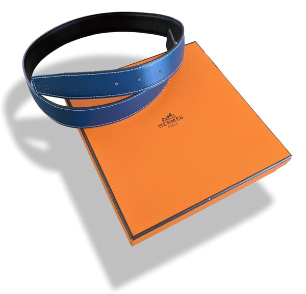 Hermes [173] 2003 Bleu/Noir Reversible Box/Gulliver Leather Strap Belt 32 mm, Box! - poupishop