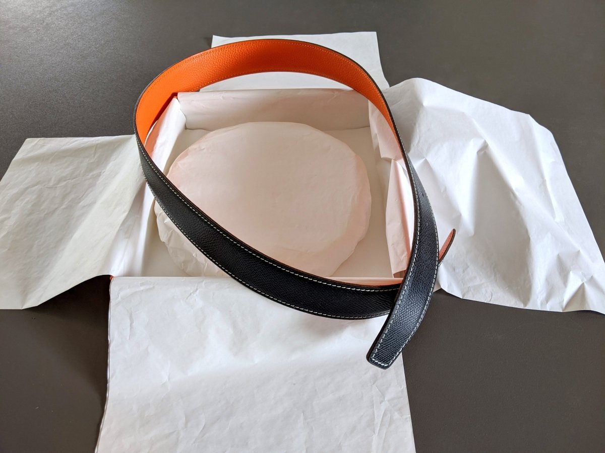 Hermes [175] 2001 Noir/Orange Reversible Epsom/Togo Leather Strap Belt 32 mm, NIB! - poupishop