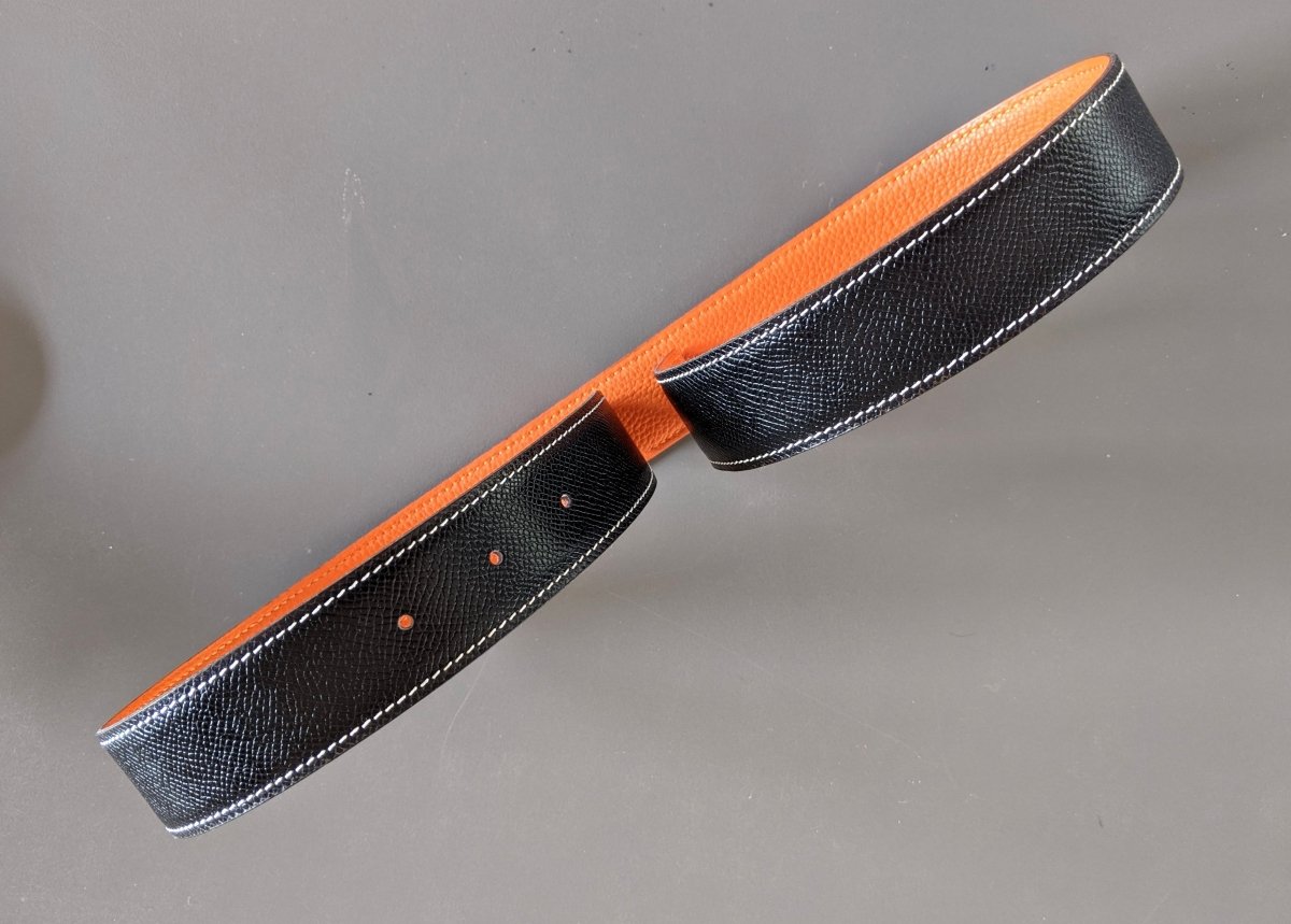 Hermes [175] 2001 Noir/Orange Reversible Epsom/Togo Leather Strap Belt 32 mm, NIB! - poupishop