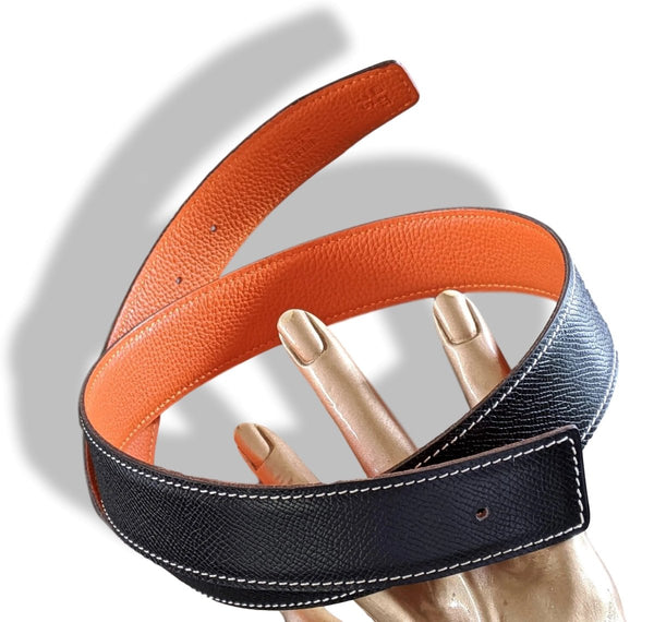 Hermes [175] 2001 Noir/Orange Reversible Epsom/Togo Leather Strap Belt 32 mm, NIB! - poupishop