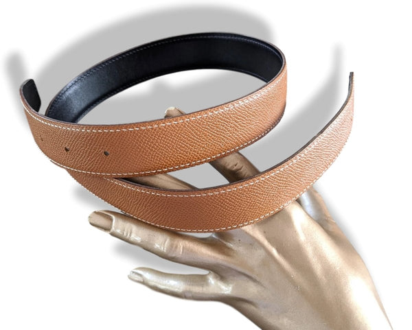 Hermes [176] 2000 Gold/Noir Reversible Epsom/Box Leather Strap Belt 32 mm, Box! - poupishop