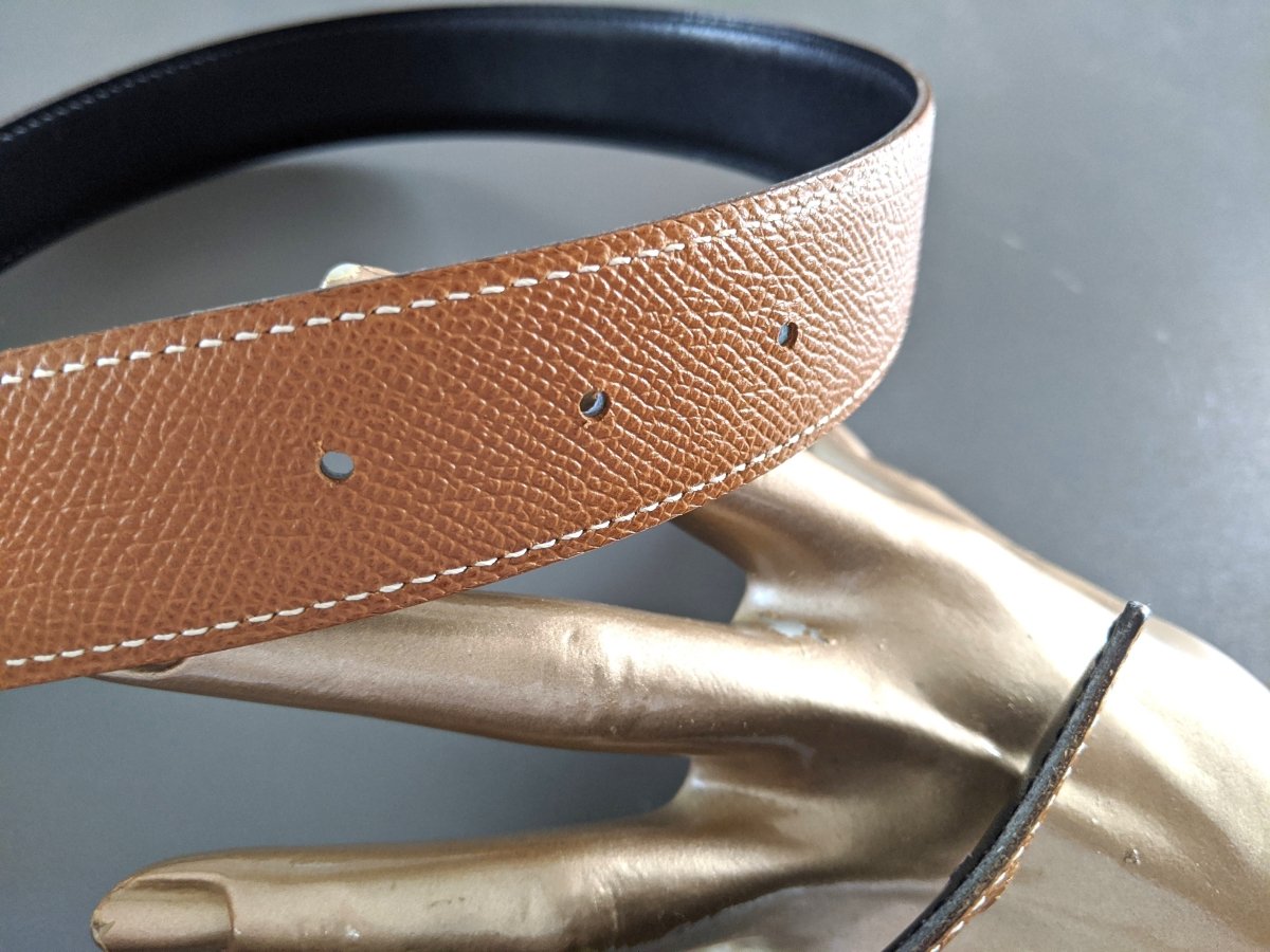 Hermes [176] 2000 Gold/Noir Reversible Epsom/Box Leather Strap Belt 32 mm, Box! - poupishop