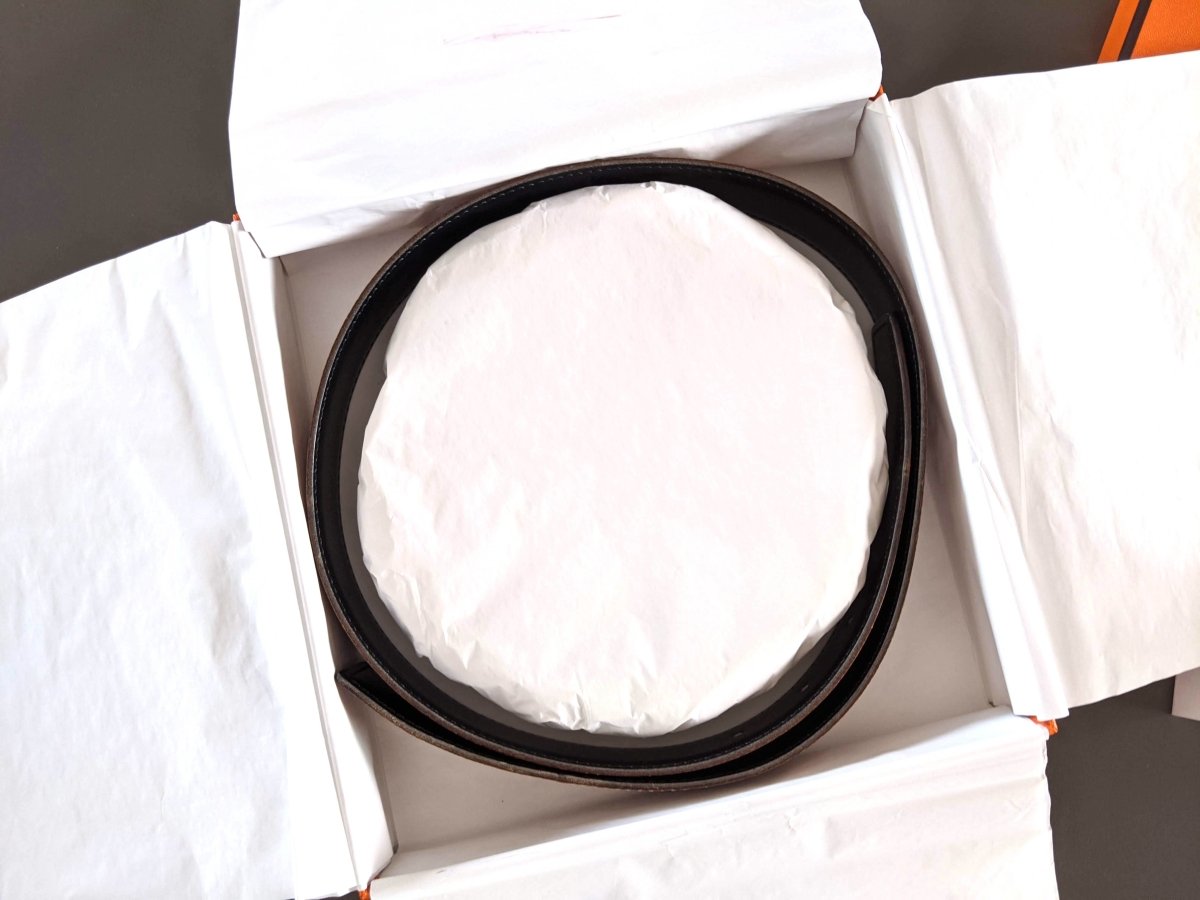Hermes [177] 1998 Noir/Gold Reversible Box/Box Leather Strap Belt 32 mm, BNIB! - poupishop