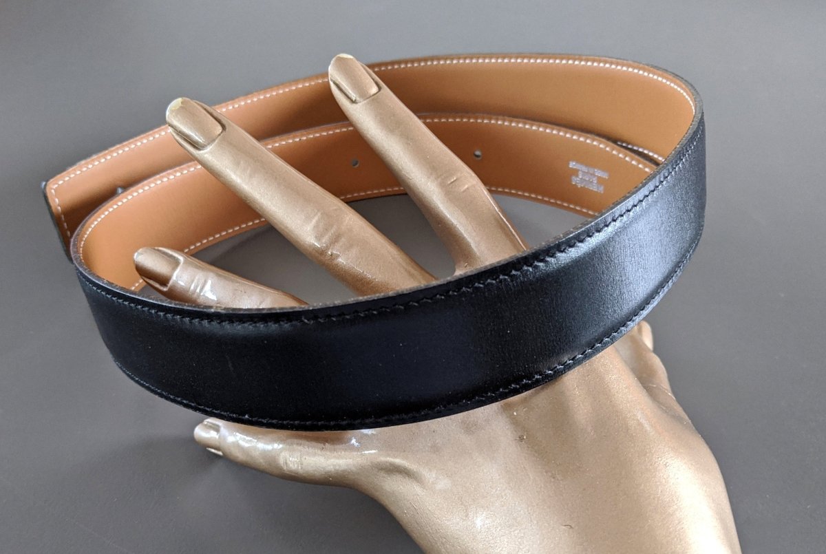 Hermes [177] 1998 Noir/Gold Reversible Box/Box Leather Strap Belt 32 mm, BNIB! - poupishop
