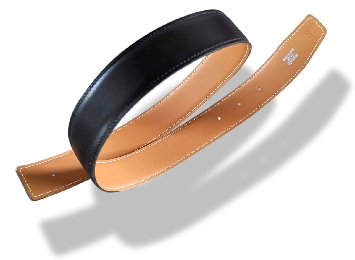 Hermes [177] 1998 Noir/Gold Reversible Box/Box Leather Strap Belt 32 mm, BNIB! - poupishop