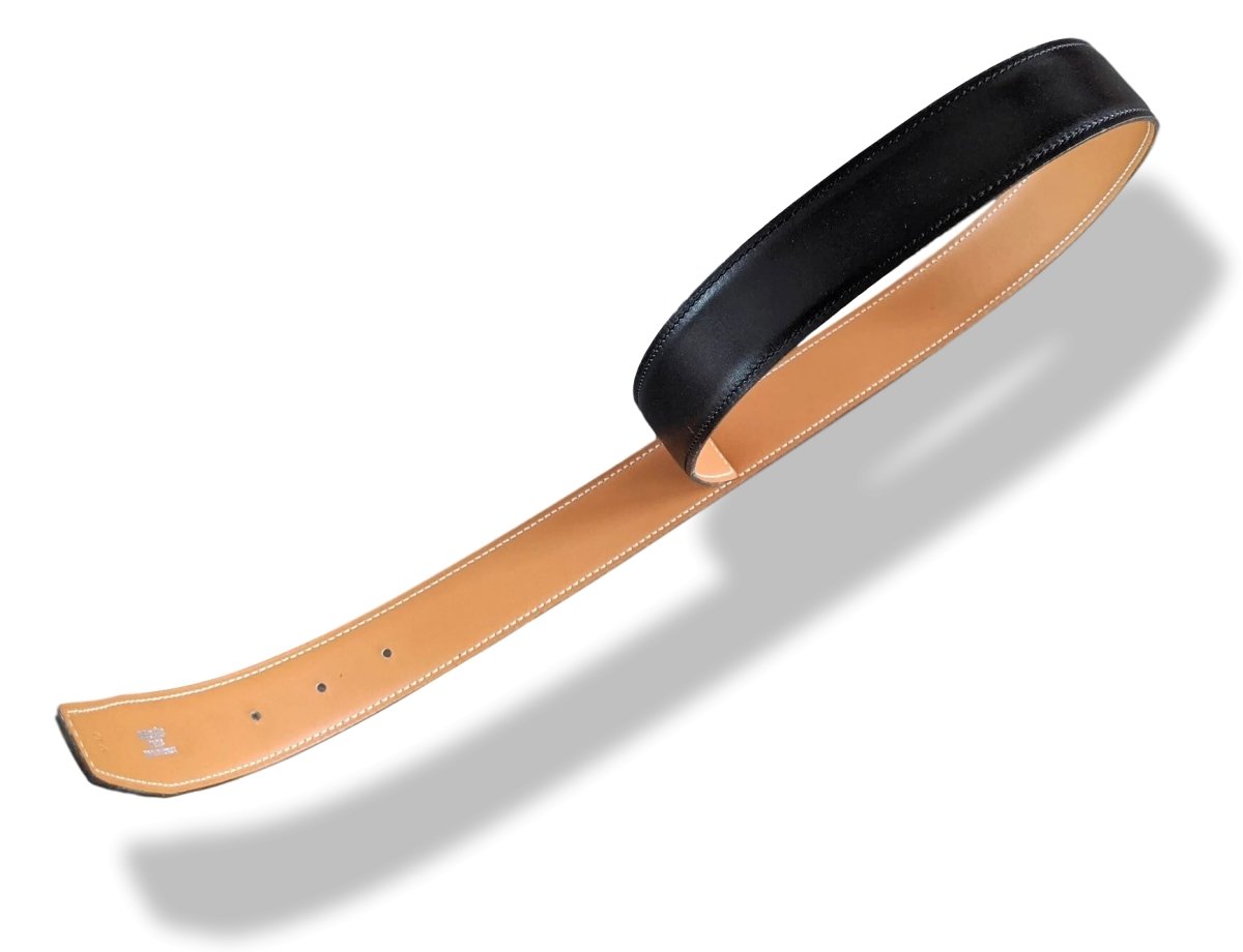 Hermes [177] 1998 Noir/Gold Reversible Box/Box Leather Strap Belt 32 mm, BNIB! - poupishop