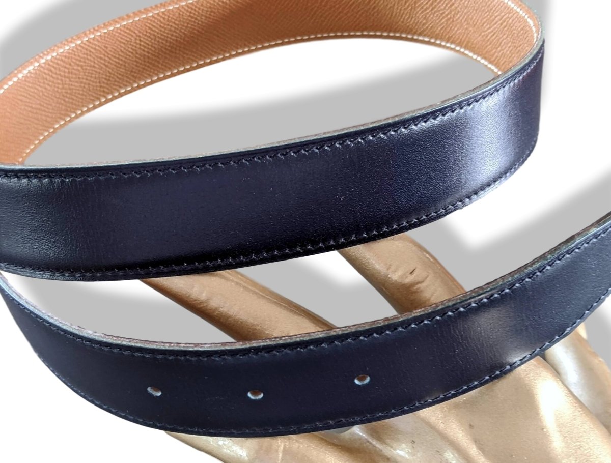 Hermes [179] 2000 Marine/Gold Reversible Box/Epsom Leather Strap Belt 32 mm, BNIB! - poupishop