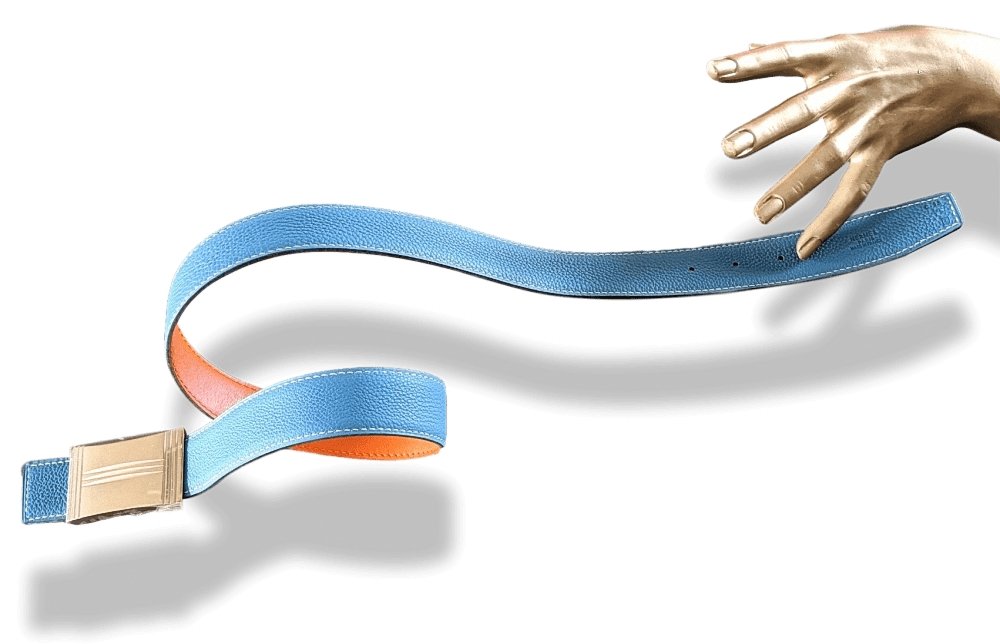 Hermes [18] 2004 Orange Box/Jeans Blue Togo Reversible Leather Strap Belt 32 MM Sz75, NIB! - poupishop