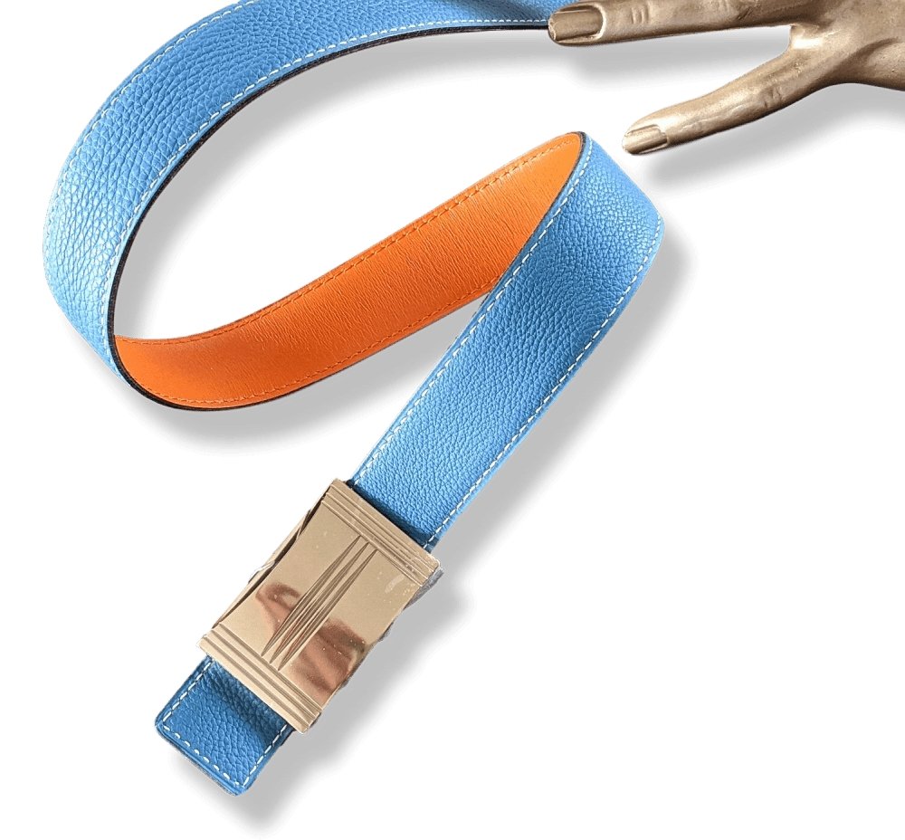 Hermes [18] 2004 Orange Box/Jeans Blue Togo Reversible Leather Strap Belt 32 MM Sz75, NIB! - poupishop