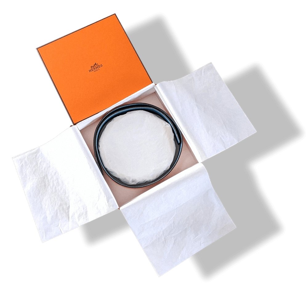 Hermes [18] 2004 Orange Box/Jeans Blue Togo Reversible Leather Strap Belt 32 MM Sz75, NIB! - poupishop