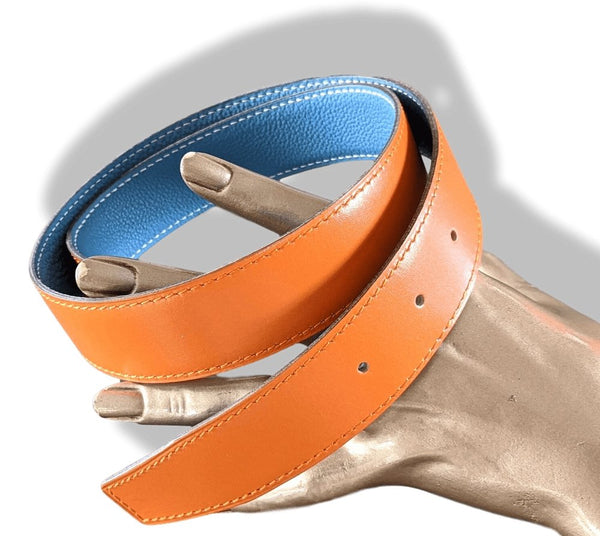 Hermes [18] 2004 Orange Box/Jeans Blue Togo Reversible Leather Strap Belt 32 MM Sz75, NIB! - poupishop