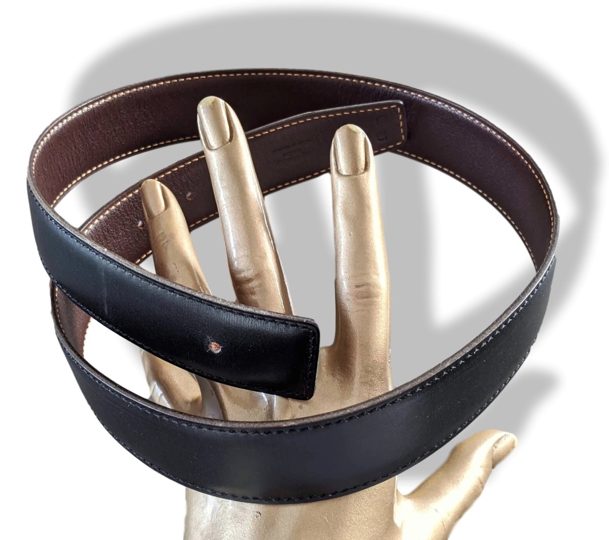 Hermes [182] 2000 Noir/Chocolat Reversible Box/Box Leather Strap Belt 32 mm, Box! - poupishop