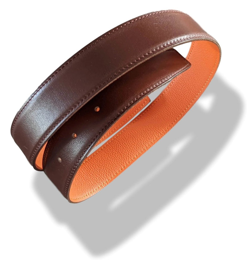 Hermes [183] 2000 Chocolat/Orange Reversible Box/Taurillon Gaucho Leather Strap Belt 32 mm, Box! - poupishop