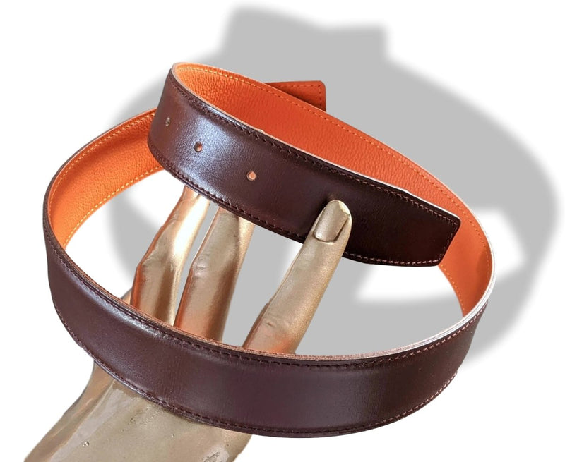 Hermes [183] 2000 Chocolat/Orange Reversible Box/Taurillon Gaucho Leather Strap Belt 32 mm, Box! - poupishop