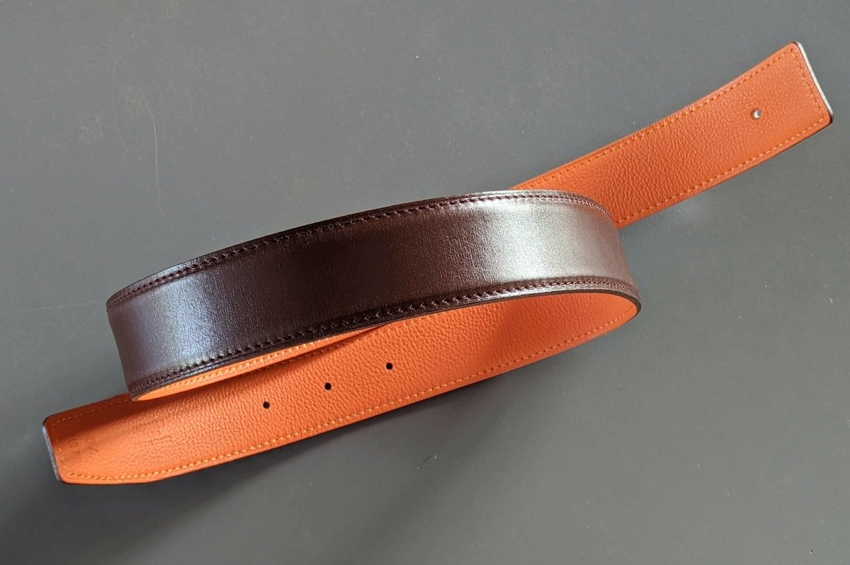 Hermes [183] 2000 Chocolat/Orange Reversible Box/Taurillon Gaucho Leather Strap Belt 32 mm, Box! - poupishop