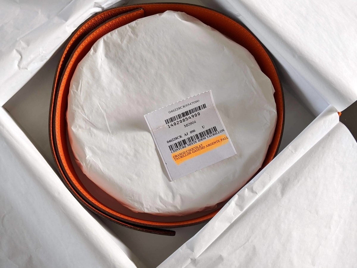 Hermes [183] 2000 Chocolat/Orange Reversible Box/Taurillon Gaucho Leather Strap Belt 32 mm, Box! - poupishop