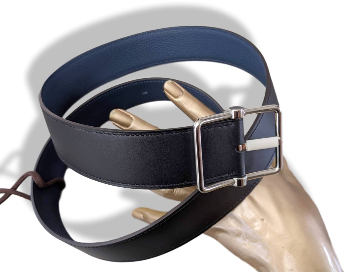 Hermes [188] Noir/Bleu de Prusse Veau Sombrero II SADDLE REVERSIBLE Complete Belt 38 MM, BNIB! - poupishop