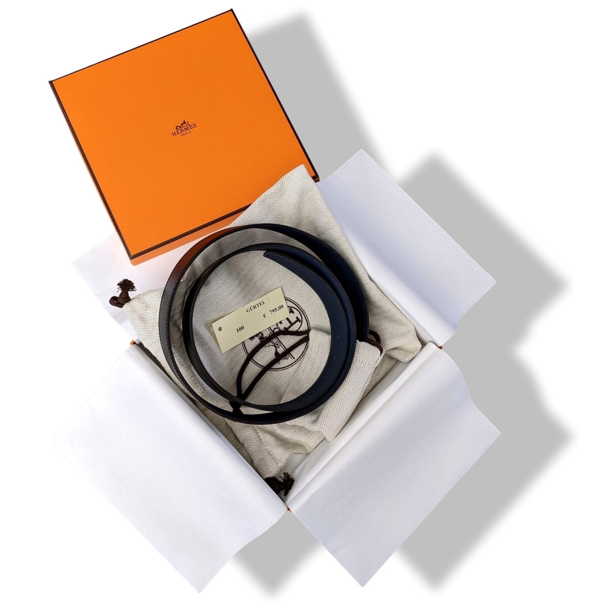 Hermes [188] Noir/Bleu de Prusse Veau Sombrero II SADDLE REVERSIBLE Complete Belt 38 MM, BNIB! - poupishop