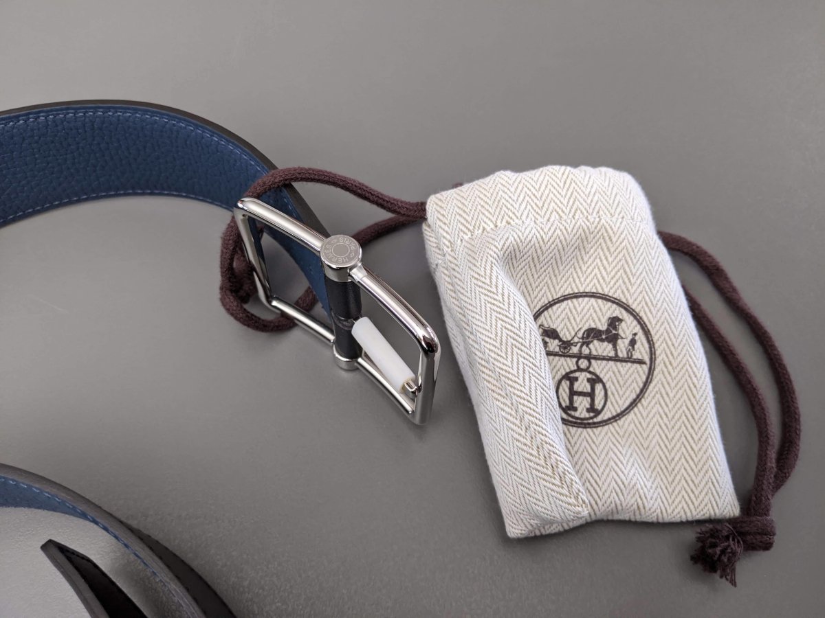 Hermes [188] Noir/Bleu de Prusse Veau Sombrero II SADDLE REVERSIBLE Complete Belt 38 MM, BNIB! - poupishop