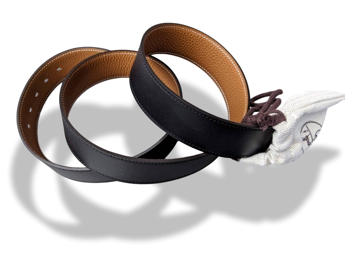 Hermes [189] Noir/Gold Veau Sombrero II/Togo SADDLE REVERSIBLE Complete Belt 38 MM, BNIB! - poupishop