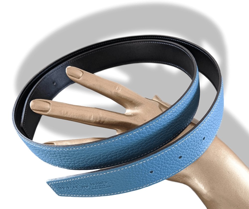 Hermes [19] Noir/Bleu Jean Reversible Box/Togo Leather Strap Belt 32 mm, NIB! - poupishop