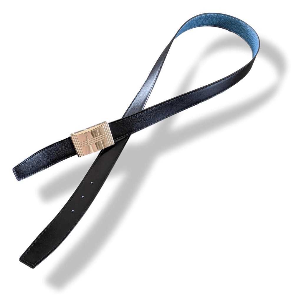 Hermes [19] Noir/Bleu Jean Reversible Box/Togo Leather Strap Belt 32 mm, NIB! - poupishop