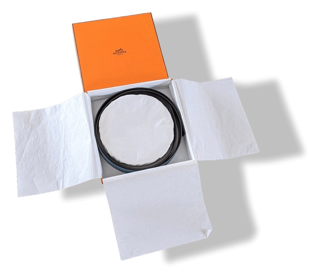 Hermes [19] Noir/Bleu Jean Reversible Box/Togo Leather Strap Belt 32 mm, NIB! - poupishop