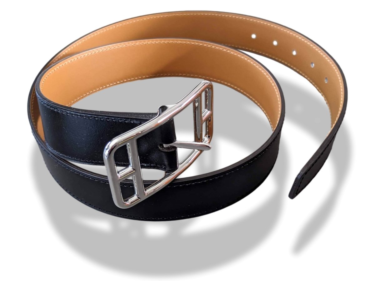 Hermes [190cm] Black/Naturel Veau Box Palladium CAPE COD REVERSIBLE Complete Belt 32 mm, BNIB! - poupishop