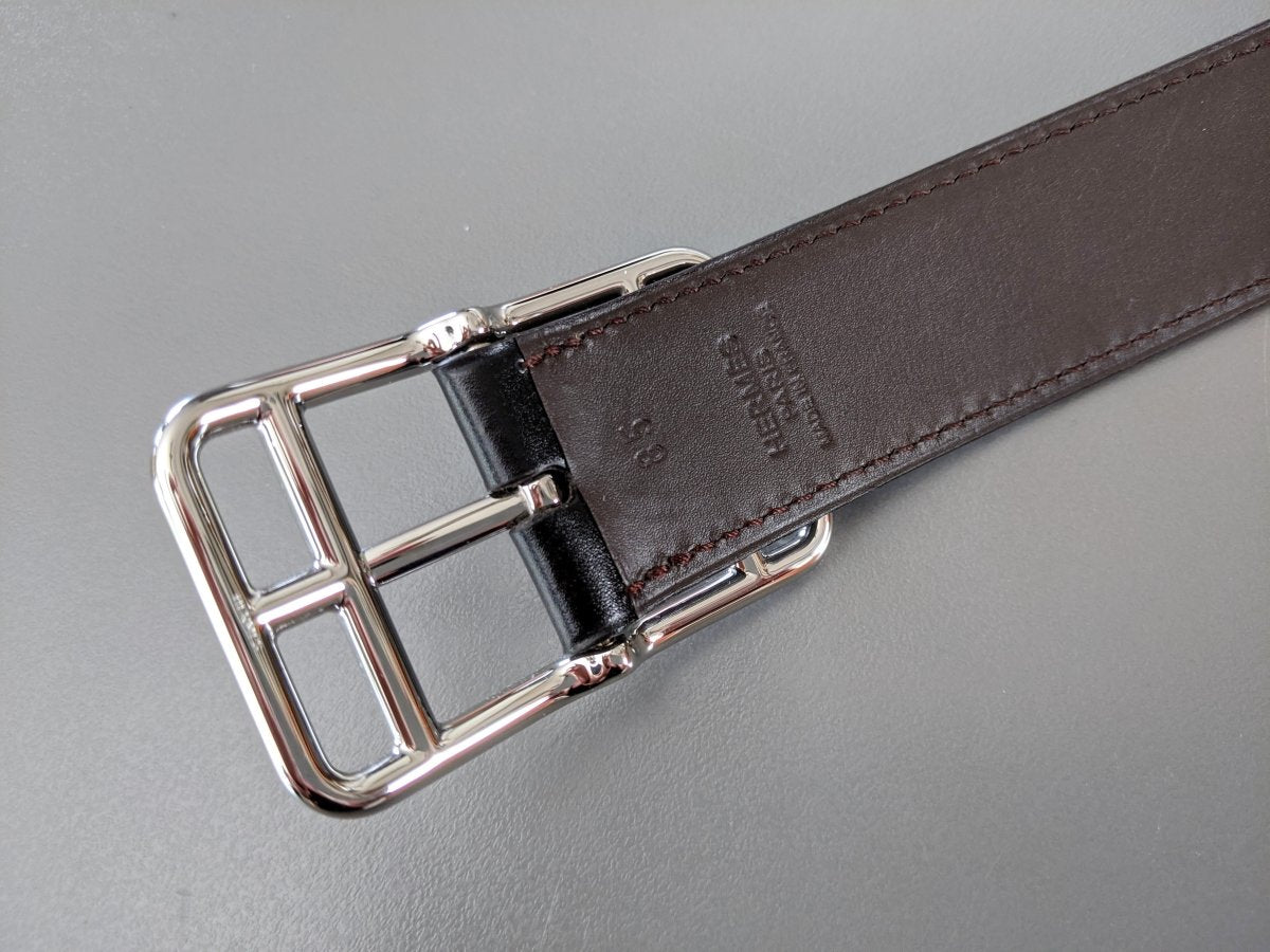 Hermes [191] Black/Chocolat Veau Box Palladium CAPE COD REVERSIBLE Complete Belt 32 mm, BNIB! - poupishop