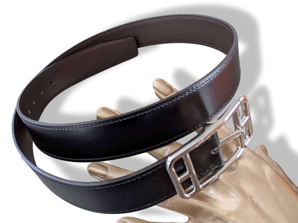 Hermes [191] Black/Chocolat Veau Box Palladium CAPE COD REVERSIBLE Complete Belt 32 mm, BNIB! - poupishop