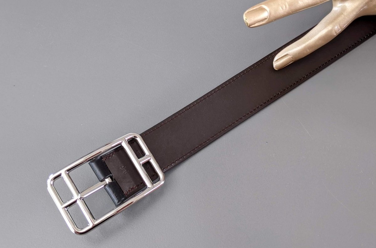 Hermes [191] Black/Chocolat Veau Box Palladium CAPE COD REVERSIBLE Complete Belt 32 mm, BNIB! - poupishop