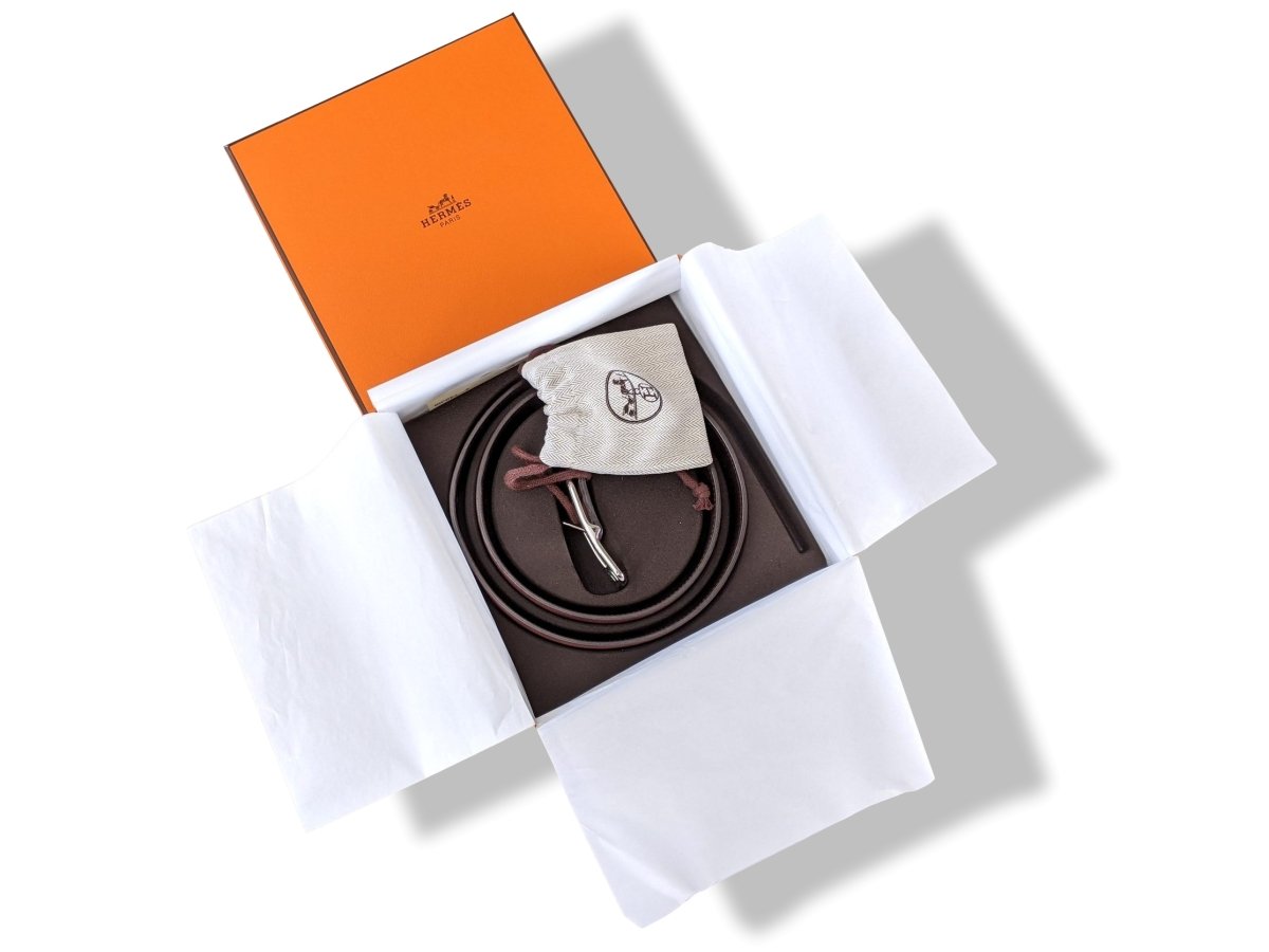 Hermes [192] Prune/Ebene Taurillon Gaucho Palladium CAPE COD REVERSIBLE Complete Belt 32 mm, BNIB! - poupishop