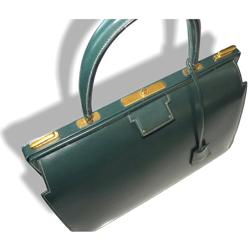 Hermes 1950s Green Box Leather 404 Retro Doctor Bag Handbag