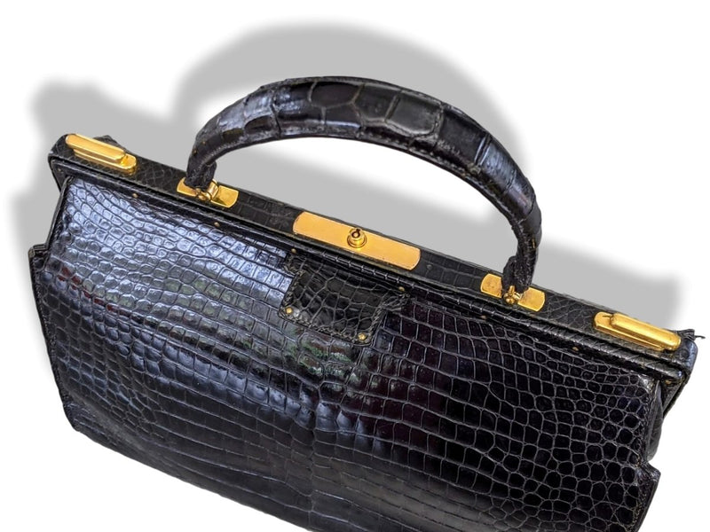 Hermes 1950s Noir Crocodile Porosus SAC 404 Retro Mallette Doctor Bag, Incredible!