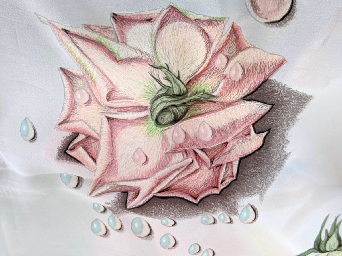 Hermes 1960s Vintage Rose Bonbon/Blanc Silk Georgette LA ROSEE CREPE GM Shawl 140 CM, Rare!